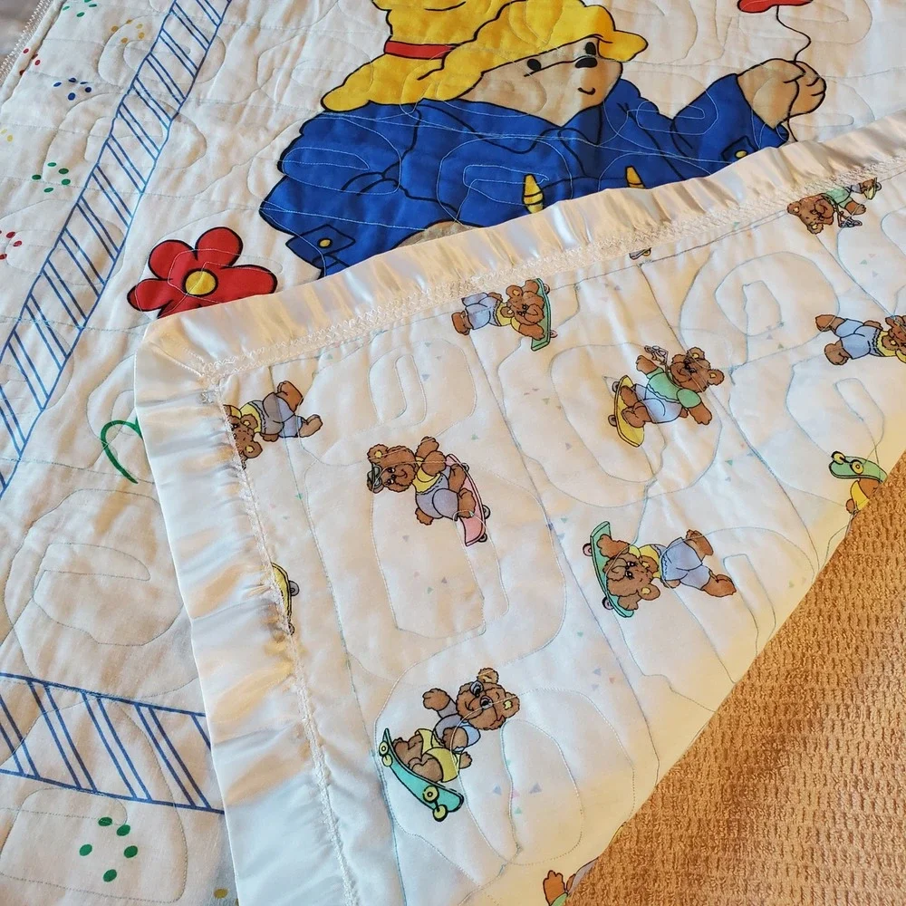 Handmade Paddington Bear Reversible Lightweight Cotton Quilt Satin Trim 45x38